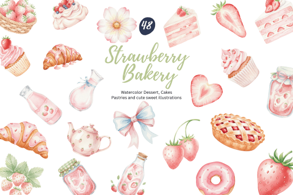 A Sweet Suite: Watercolor Strawberry Bakery Clipart for Every Creator