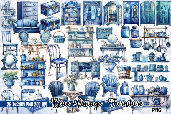 Blue Vintage Furniture Clipart PNG: Designing with Timeless Charm