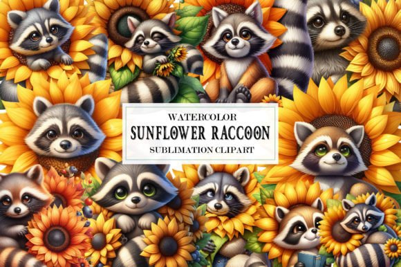 Charming Watercolor Sunflower Raccoon Sublimation Designs