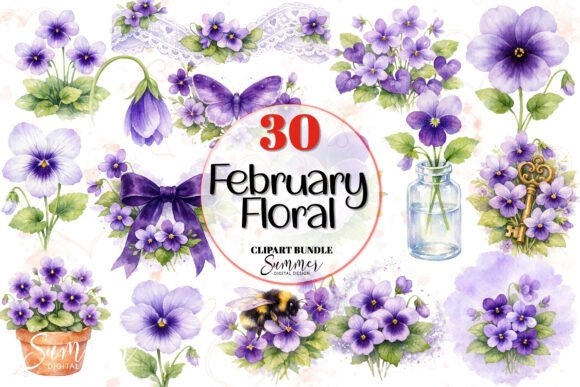 February Violet Floral Watercolor Clipart: Romantic Design Elements