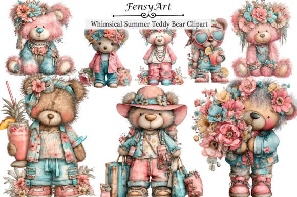 Summer Vibes & Cuddly Designs: Whimsical Teddy Bear Clipart
