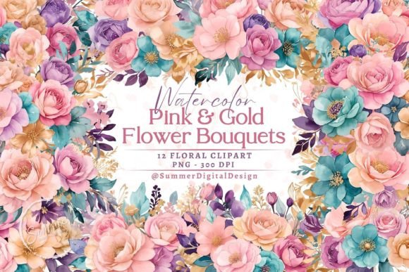 Watercolor Pink and Gold Flower Bouquets for Elegant Design